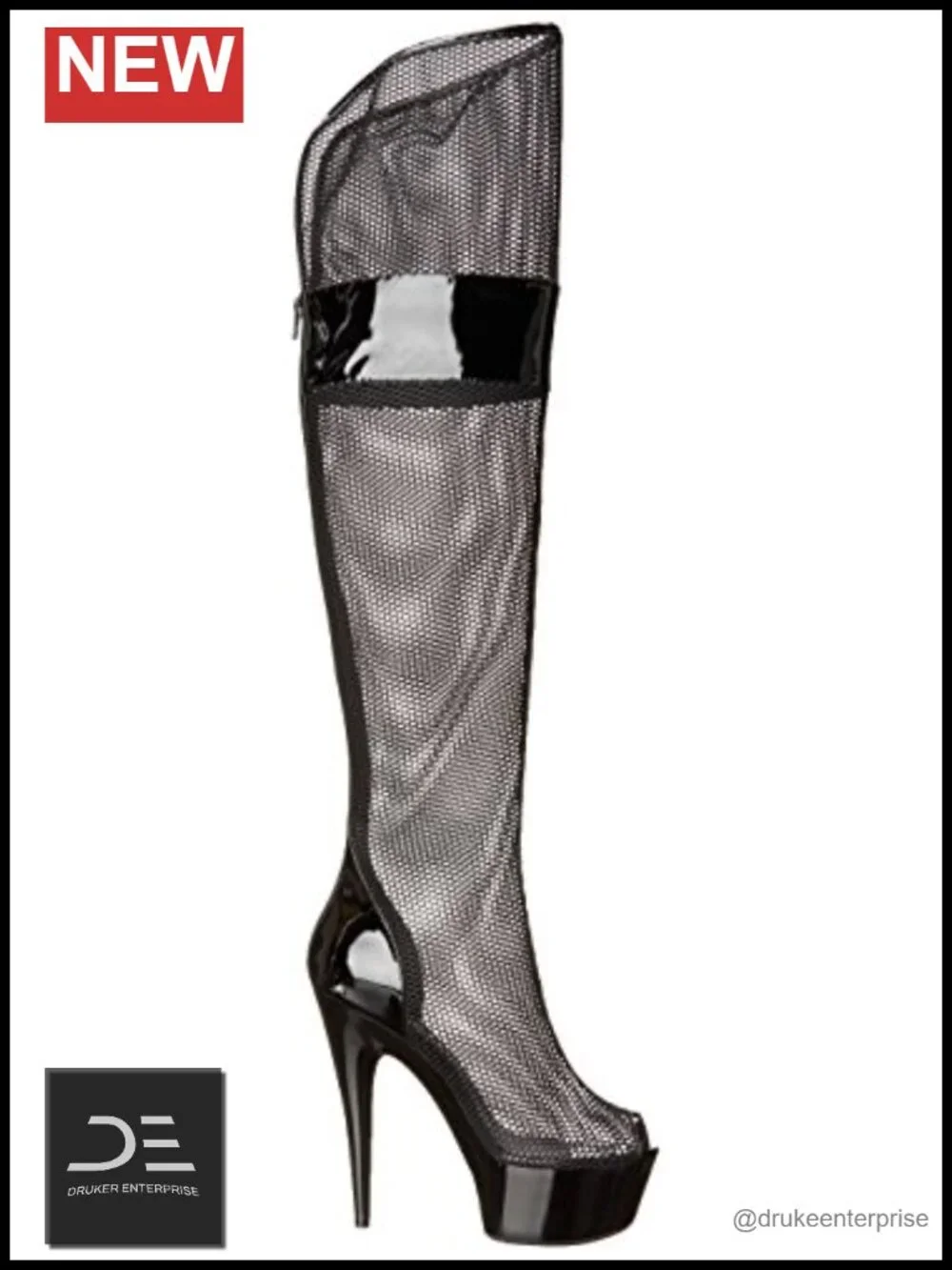 Fishnet Thigh-High Peep Toe Platform Stiletto Boots with Glitter